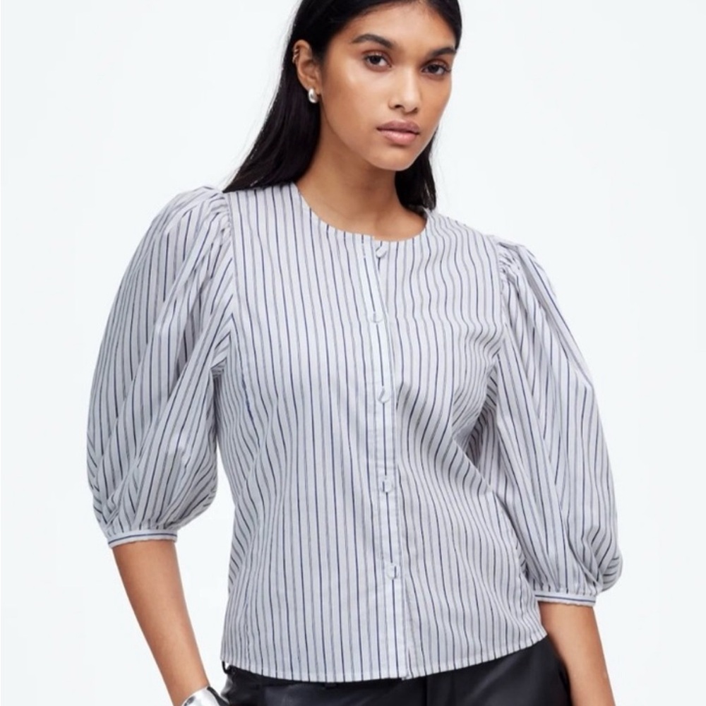 Madewell White with Black Pinstripe Puff-Sleeve Blouse NWT